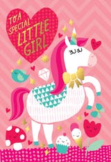 Fantasy Fun, a cute happy birthday card for girls with a beautiful unicorn on a pink background